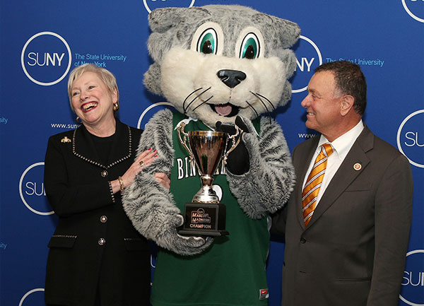 Baxter Bearcat from Binghamton University with the 2014 Mascot Madness trophy