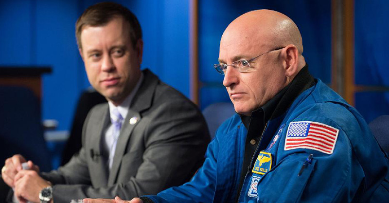 Astronaut and Maritime alum Scott Kelley at a press briefing previewing his upcoming year in space mission.