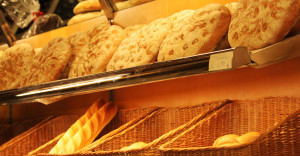 Bread baskets on bakery shelves