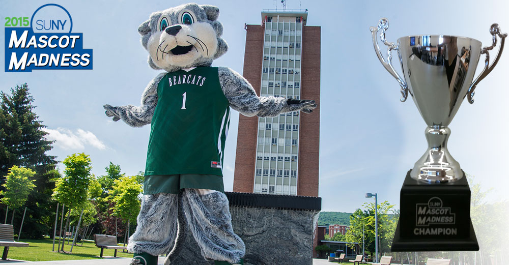 Baxter Bearcat of Binghamton University with the Mascot Madness trophy