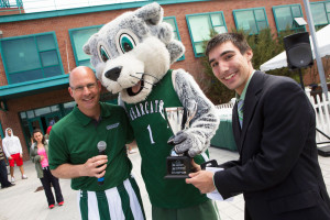 Baxter Bearcat with the Mascot Madness trophy at Binghamton University