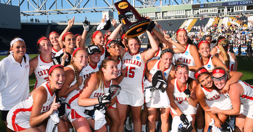 SUNY Cortland players celebrate the program's first NCAA women's lacrosse championship Sunday at PPL Park. (Rich Barnes for Lacrosse Magazine)