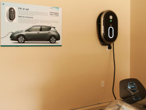 An electric car charging station in the Smart Energy House at Farmingdale State College.