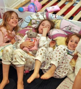 young girls in pajamas for sleepover party