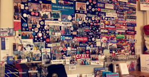 Presidential candidate stickers on an office wall in New Hampshire.