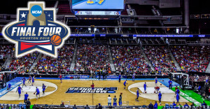 2016 NCAA MArch Madness round 1 basketball court in Iowa with FInal Four logo