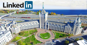 LinkedIn logo over SUNY plaza aerial view picture