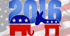 2016 Democrat and Republican party logos in front of American Flag