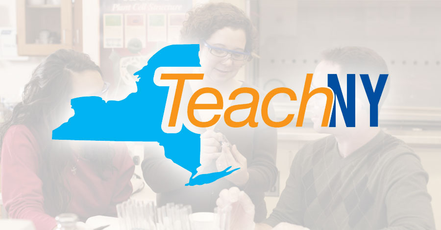 TeachNY logo with professor in background