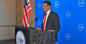 Student Assembly president-elect Marc Cohen speaks during his official swearing in at SUNY Plaza.
