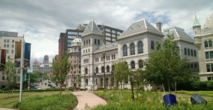 A view up State Street in downtown Albany from the SUNY Plaza fornt yard.