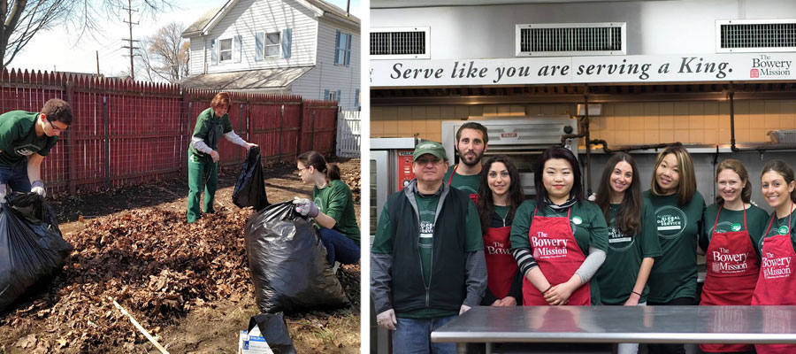 Binghamton University alumni working outdoors and in a kitchen during their global day of service.