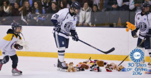 SUNY Geneseo hockey players gather stuffed animals on the ice during the Teddy Bear Toss.