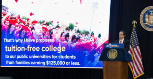 Governor Cuomo announces his free college tuition policy at a 2017 State of the State speech