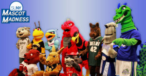 Mascots sitting and standing with Mascot Madness logo over top