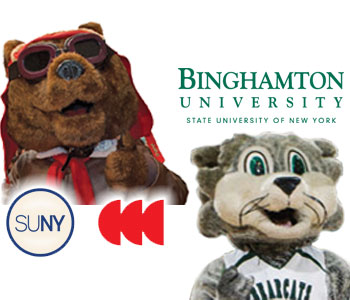Corning CC mascot Red Baron and Binghamton U mascot Baxter Bearcat