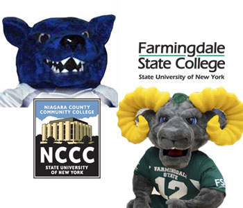 Niagara County CC mascot Tripp and Farmingdale mascot Ram-bo