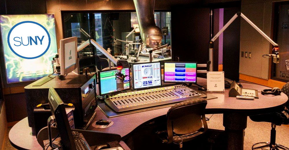 radio studio with SUNY logo placed on background.