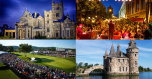 collage of summer activities in New York State - Boldt castle, rochester jazz fest, Dicks open golf tournament, Lyndhurst Mansion