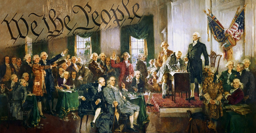 Old picture of the framers of the U.S. consitution with We The People over top.