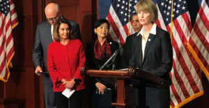 Chancellor Kristina Johnson speaks in Washington DC with US Senator Pelosi and other congressional leaders about the Dream Act for DACA students.