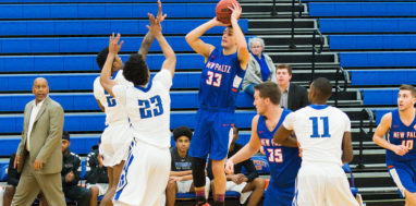 SUNY New Paltz basketball player Nick Paquette lines up for a jump shot in a game. Photo courtesy Reid Dalland.