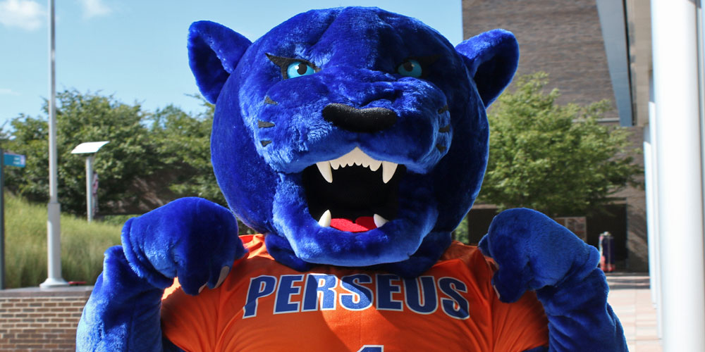 SUNY Purchase mascot Perseus Panther outside.