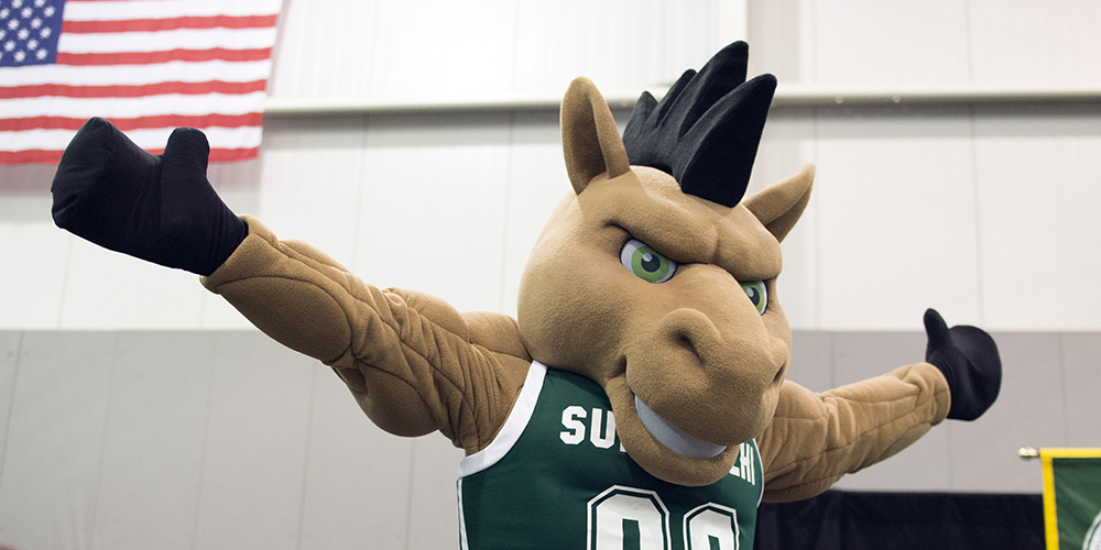 SUNY Delhi mascot Blaze Bronco stands with arms outstretched.