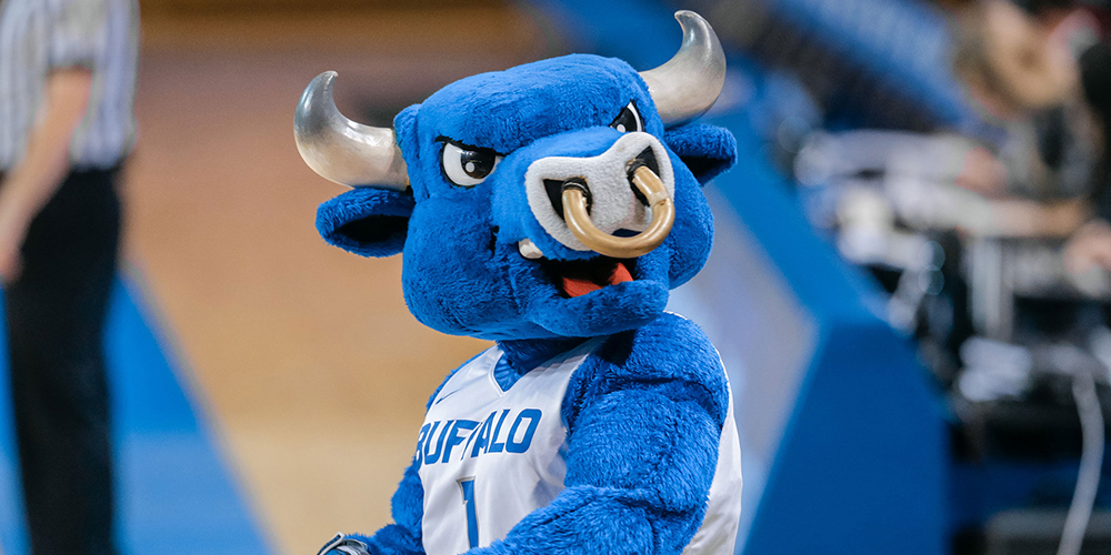 University at Buffalo mascot Victor E Bull on basketball court