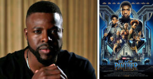Winston Duke headshot with the Black Panther poster next to him.