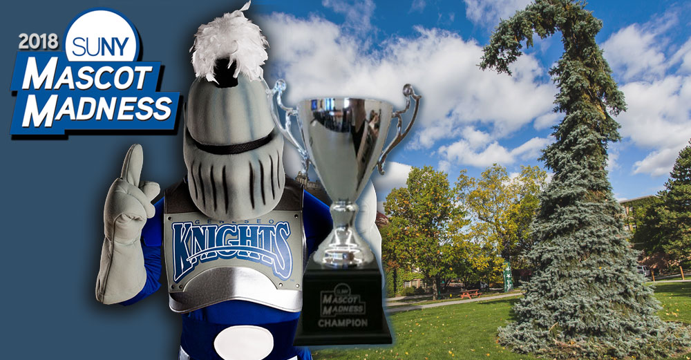Victor E Knight of SUNY Geneseo stands with Mascot Madness trophy, over a picture of the SUNY Geneseo suece spruce tree.