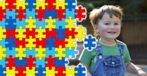 A puzzle in rainbow colors overlapping a picture of a young child to represent autism.