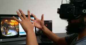 A man uses a virtual reality headset to conduct a vision test through a video game.