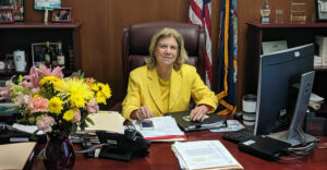 NY State Senator Shelley Mayer at her desk.