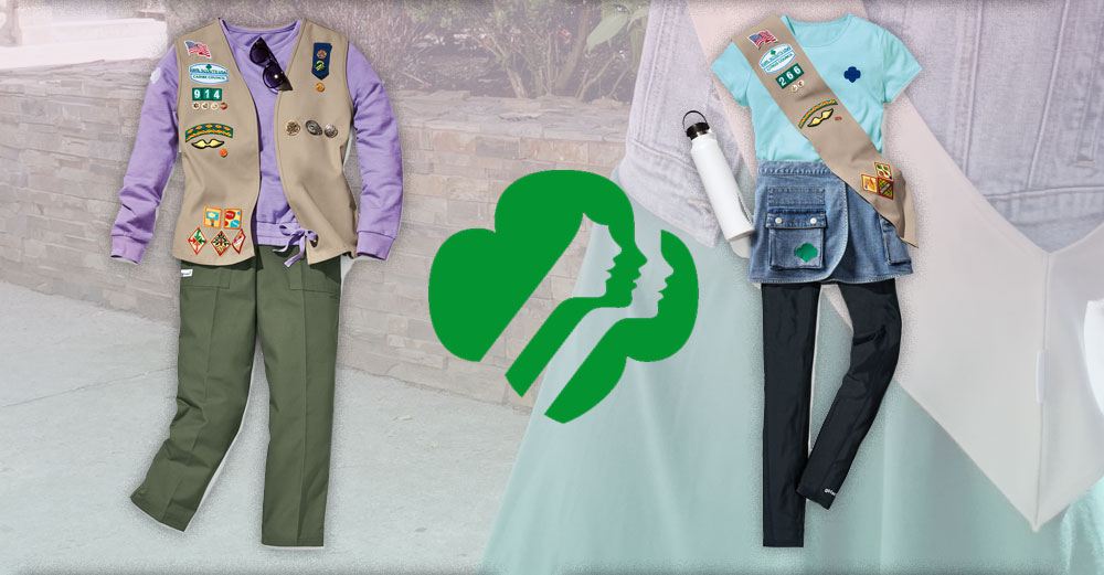 Two girl scouts outfits with girl scouts logo between them.