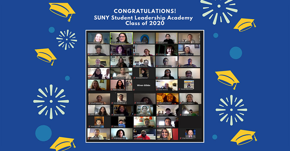 Zoom screnshot of student web meeting over celebratory graphics with phrase - Congratulations SUNY Student Leadership Academy Class of 2020