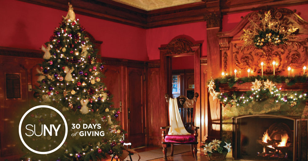 Lit Christmas Tree in a den with wood trim red walls, fireplace, and chair.