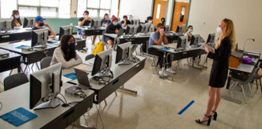 College classroom with students wearing facemasks.