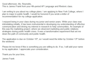 image of a sample email request from a student to a teacher for a letter of recommendation