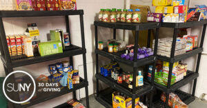 open shelves with food supplies in a food pantry.