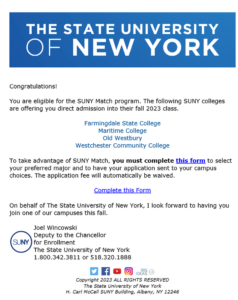 Screenshot of SUNY Match email that displays campus list and form