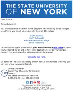 sample of SUNY match email from Enrollment Management