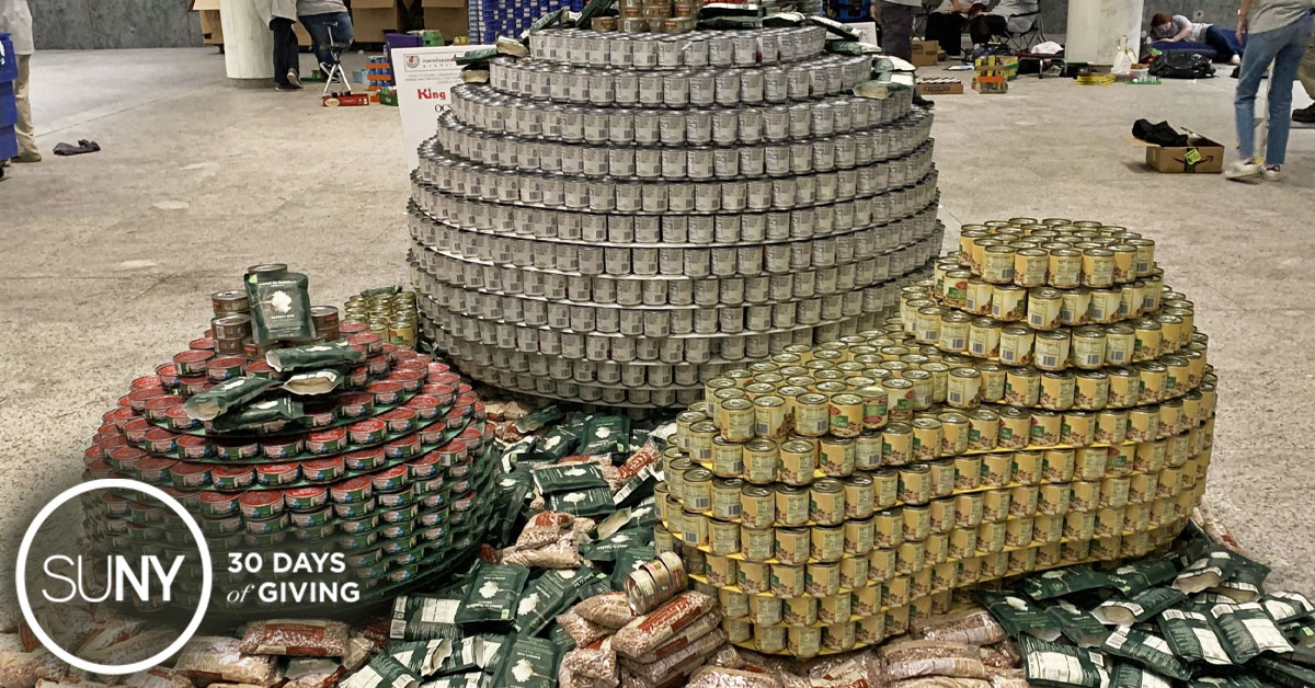 Thousands of cans of food put together into a dynamic structure or art.