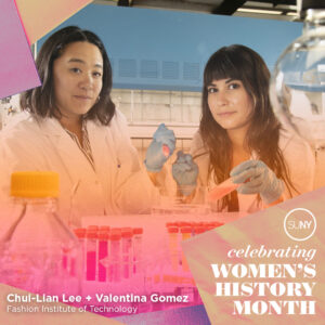 Chui-Lian Lee and Valentina Gomez in the lab holding test tubes, looking at camera