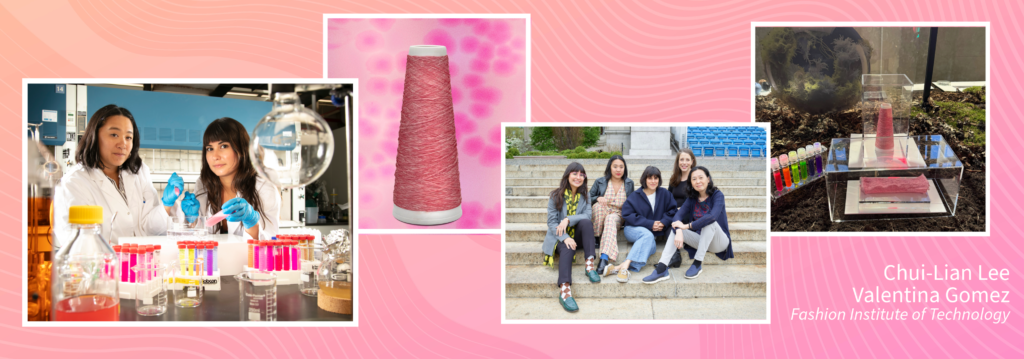 collage of images of Chui-Lian Lee and Valentina Gomez from FIT and their sustainable biodegradable textile fibers, Werewool team sitting on steps outside