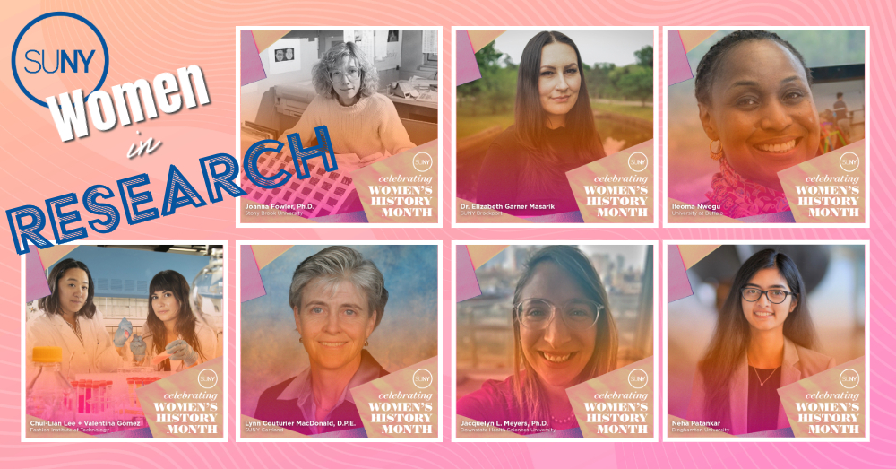 Pink and orange background graphic with profile pictures of the seven featured Women in Research, March 2024