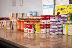 Rows of canned goods line a shelf