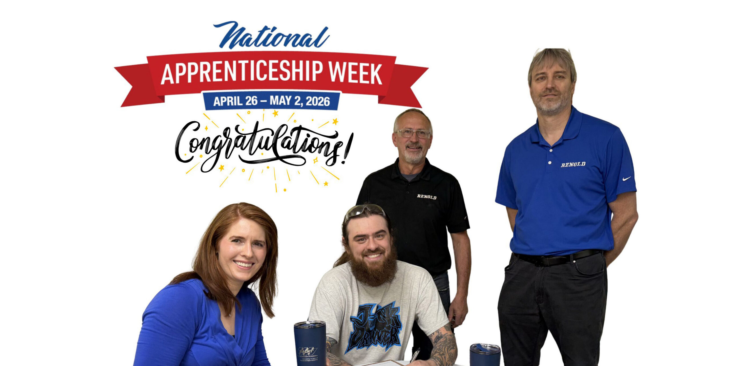 4 apprentices posing for a photo in front of a white background, text celebrating the success of national apprenticeship week.
