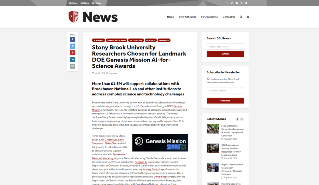 A screenshot of a Stony Brook University News article titled "Stony Brook University Researchers Chosen for Landmark DOE Genesis Mission AI-for-Science Awards," detailing the university's involvement in the project.