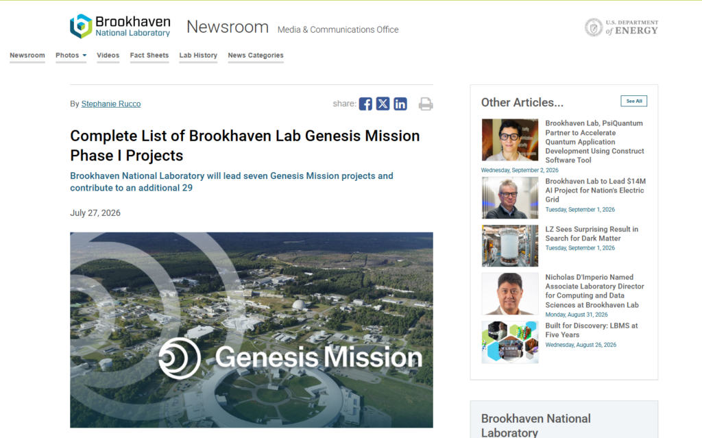 A screenshot of a Brookhaven National Laboratory news article, which includes an aerial photo of the laboratory campus. The "Genesis Mission" logo is overlaid on the image.